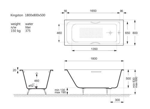 Ванна чугунная Vinsent Veron Kingston VKN1808050H/E60327CH-AS 180х80 пристенная прямоугольная с ножками с ручками - фото 4