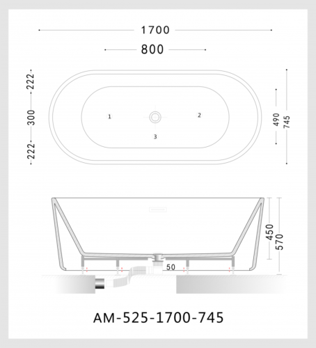 Ванна акриловая Art&Max AM-525-1700-745 170х75 отдельностоящая овальная с ножками и каркасом - фото 5