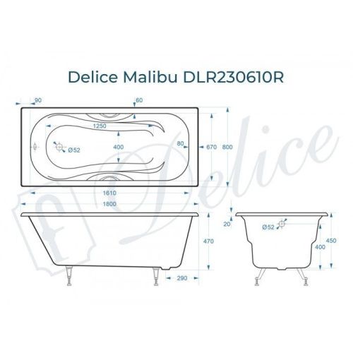 Ванна чугунная Delice Malibu DLR230610R 180х80 пристенная прямоугольная без ножек с отверстиями под ручки - фото 2