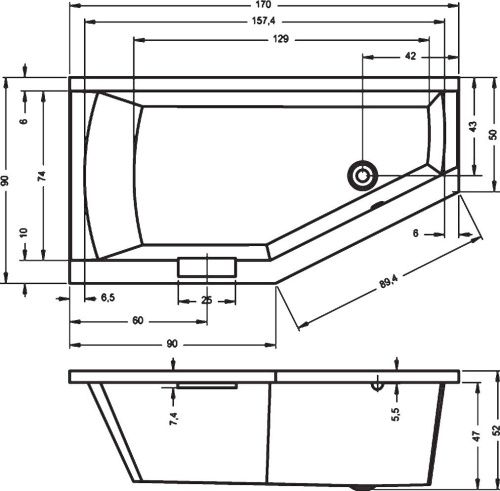 Ванна акриловая Riho GETA B031001005 170х90 пристенная асимметричная без ножек - фото 2