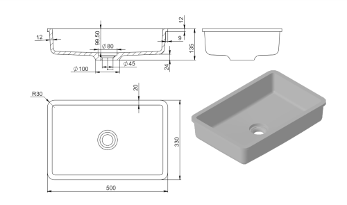 Раковина из искусственного камня Holbi NEPTUNE 50 1.02.014.11.3 50х30 встраиваемая цвет черный - фото 3