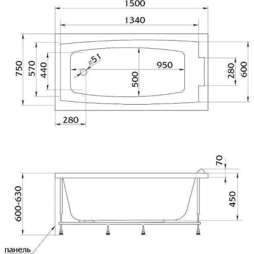 Ванна акриловая 1MarKa AELITA 01ае1775 170х75 пристенная прямоугольная без каркаса - фото 5