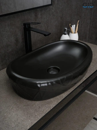 Раковина керамическая Gid Creativo 53357 60х40 накладная цвет черный без отверстий под смеситель