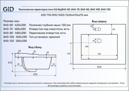 Раковина из сантехнического фаянса Gid Simple-N 71126 70х50 встраиваемая цвет белый 1 отверстие под смеситель