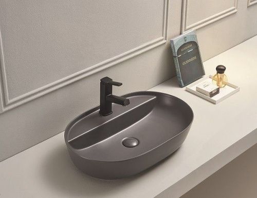 Раковина из сантехнического фаянса CeramaLux 78325MDH 80х40 накладная цвет серый 1 отверстие под смеситель - фото 2