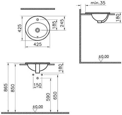 Раковина из сантехнического фарфора Vitra S20 5466B003-0001 40х40 накладная цвет белый 1 отверстие под смеситель - фото 3