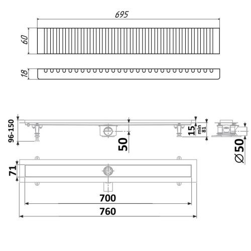 Душевой лоток Timo Standart DP20700-LG20700 75х15 хром - фото 2