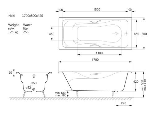 Ванна чугунная Vinsent Veron Haiti VHT1708042H/VH008CH 170х80 пристенная прямоугольная с ножками с ручками - фото 4
