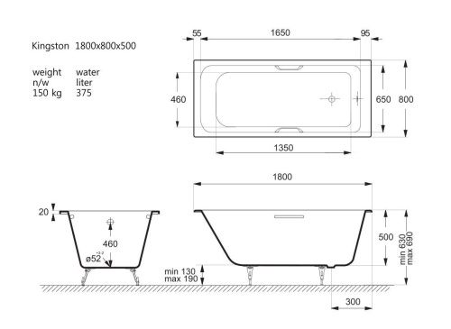 Ванна чугунная Vinsent Veron Kingston VKN1808050H/VH0012BR 180х80 пристенная прямоугольная с ножками с ручками - фото 4