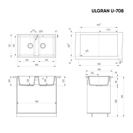 Кухонная мойка Ulgran Classic U-708-308 85х50 цвет черный