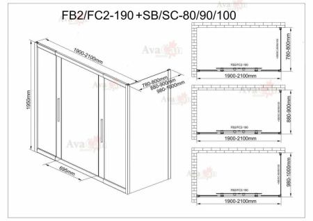 Душевой уголок AvaCan FB2-190-SB100MT 210х100 стекло матовое профиль черный без поддона