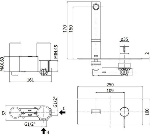Смеситель для раковины Paffoni Rock RO104ST встраиваемый в стену нержавеющая сталь - фото 2