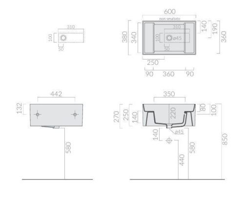 Раковина из сантехнического фарфора Galassia Meg11Pro 5484 60х40 подвесная цвет белый - фото 4