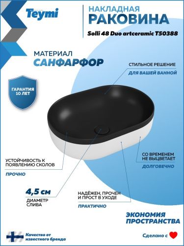 Раковина из сантехнического фарфора Teymi Solli T50388 49х35 накладная цвет черный/белый без отверстий под смеситель - фото 2
