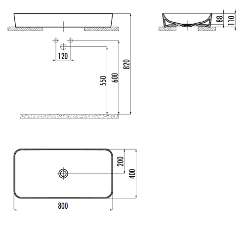Раковина из сантехнического фарфора Creavit Ultra UL080-00CB00E-0000 80х40 накладная цвет белый 1 отверстие под смеситель - фото 2