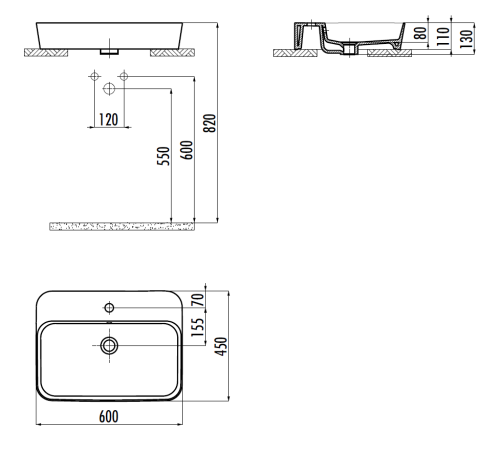 Раковина из сантехнического фарфора Creavit Loop LP061-00CB00E-0000 60х50 накладная цвет белый 1 отверстие под смеситель - фото 2