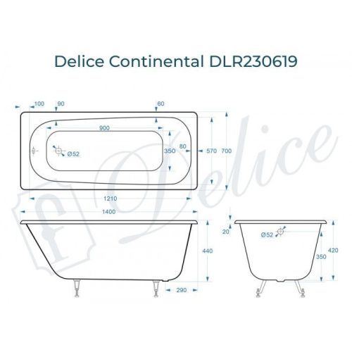 Ванна чугунная Delice Continental DLR230619 140х70 пристенная прямоугольная без ножек - фото 2
