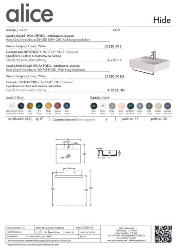 Раковина керамическая Alice Hide 31230101S 60х50 подвесная цвет белый 1 отверстие под смеситель - фото 2