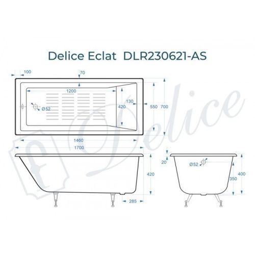 Ванна чугунная Delice Eclat DLR230621-AS 170х70 пристенная прямоугольная без ножек с антискользящим покрытием - фото 2