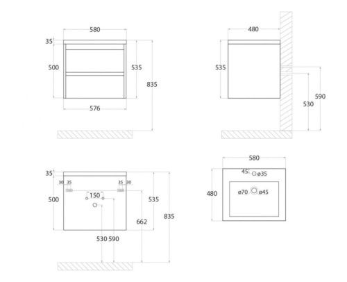 Тумба под раковину Art&Max TECHNO Family-580-2C-SO-BL 60х50 подвесная цвет белый - фото 3