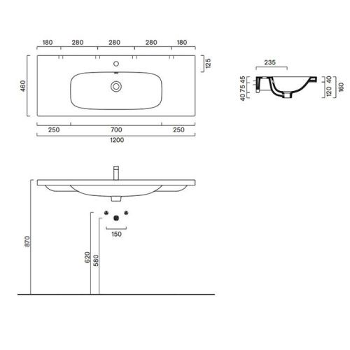 Раковина керамическая Catalano Alvea 621211001 120 см подвесная цвет белый 1 отверстие под смеситель - фото 2