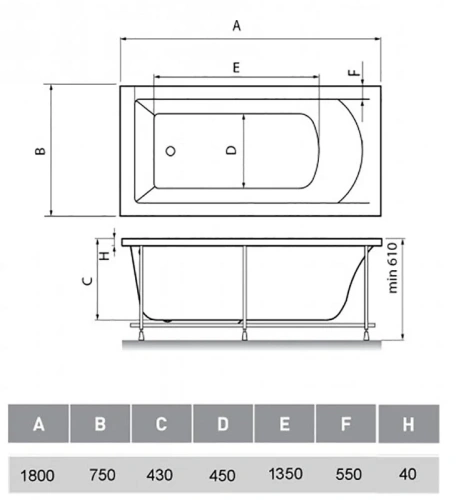Ванна акриловая Vayer Milana Гл000024278 180х75 пристенная прямоугольная без ножек и каркаса - фото 2