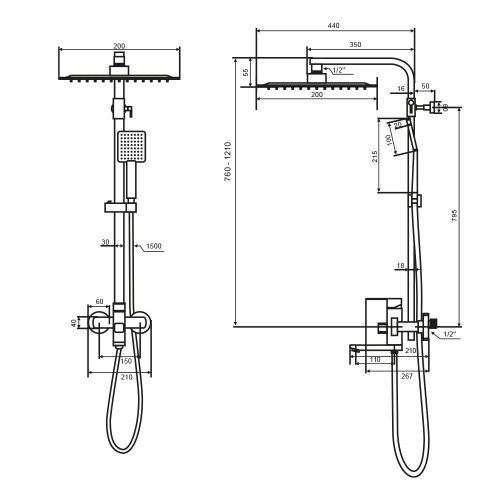 Душевая стойка WesnaArt Kubus KUB13-314 настенная цвет серый - фото 2