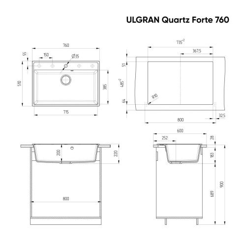 Кухонная мойка Ulgran Quartz Forte 760-04 75х50 цвет серый - фото 2