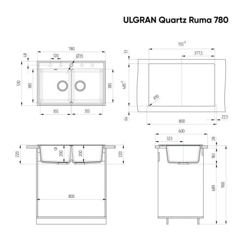 Кухонная мойка Ulgran Quartz Ruma 780-09 80х50 цвет серый - фото 2