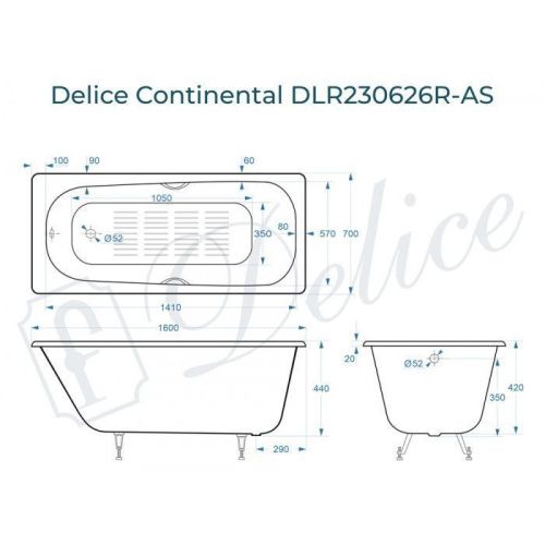 Ванна чугунная Delice Continental DLR230626R-AS 160х70 пристенная прямоугольная без ножек с отверстиями под ручки - фото 2