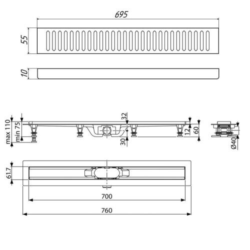 Душевой лоток Timo Eco SP10700-PC10700 75х10 черный - фото 2