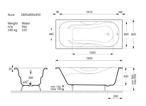 Ванна чугунная Vinsent Veron Aura VAU1707542H/VH0015BR 170х75 пристенная прямоугольная с ножками с ручками - фото 4