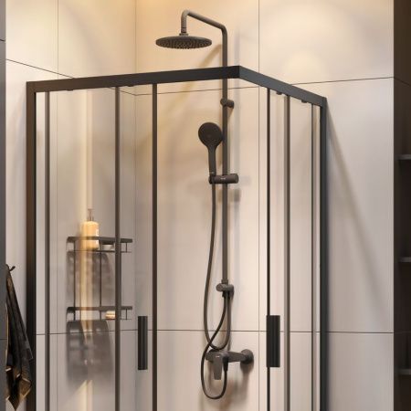 Комплект душевого уголка с душевой системой и аксессуарами Am.Pm Gem S WK93EP стекло прозрачное профиль черный без поддона