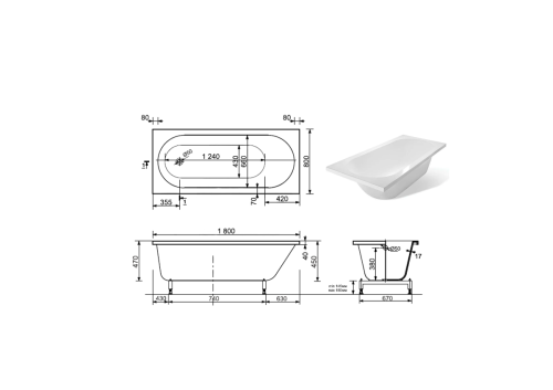 Ванна из литьевго мрамора Taliente Orta Matt OR18080Matt 180х80 пристенная прямоугольная без ножек и каркаса - фото 5