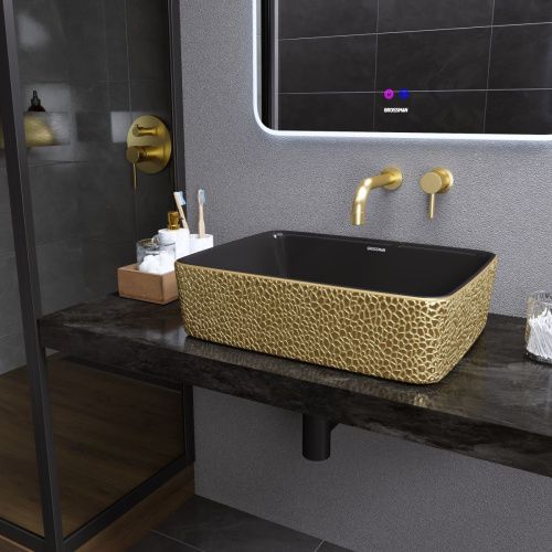 Раковина из сантехнического фаянса Grossman Color GR-3016GBL 50х40 накладная цвет черный/золото без отверстий под смеситель - фото 2