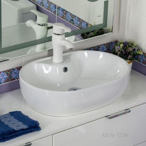 Раковина из сантехнического фарфора Melana 7734-805 60х40 накладная цвет белый 1 отверстие под смеситель - фото 3