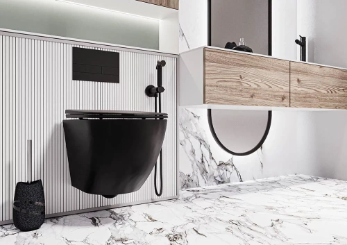 Унитаз подвесной Veconi Moro VMO-48TB черный с сиденьем микролифт безободковый смыв торнадо