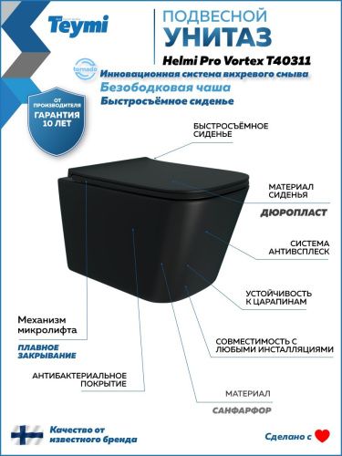 Унитаз подвесной Teymi Helmi T40311 черный с сиденьем микролифт безободковый смыв торнадо - фото 2