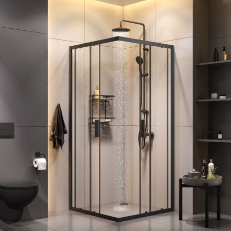 Комплект душевого уголка с душевой системой и аксессуарами Am.Pm Gem S WK93EP стекло прозрачное профиль черный без поддона