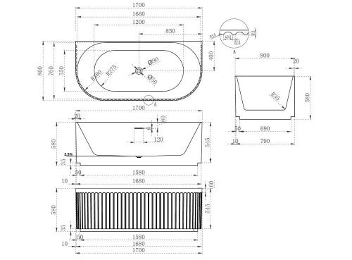 Ванна акриловая Abber AB9416-1.7 170х80 пристенная овальная с каркасом - фото 5