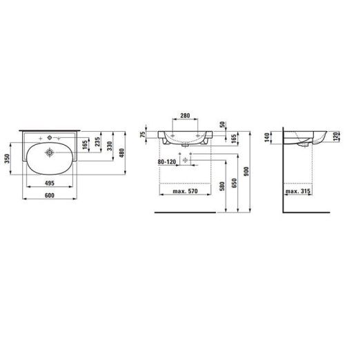 Раковина керамическая Laufen New Classic 8.1385.3.000.108.1 60 см накладная цвет белый 3 отверстия под смеситель - фото 2