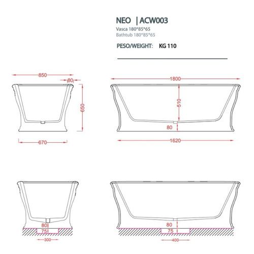 Ванна из искусственного камня Artceram Neo ACW003 03 nero 180х85 отдельностоящая овальная - фото 2
