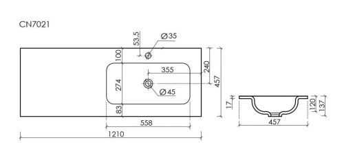 Раковина из сантехнического фарфора Ceramica Nova GRACE CN7021 120х50 накладная цвет белый 1 отверстие под смеситель - фото 4
