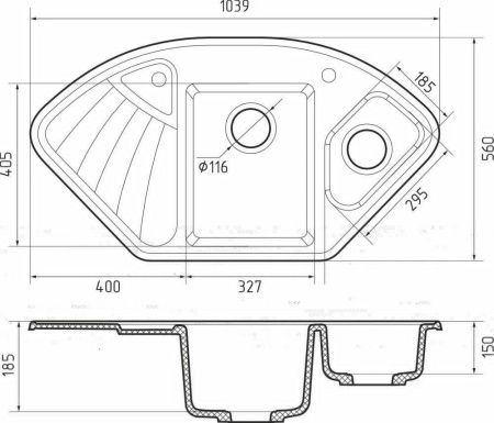 Кухонная мойка Granfest Corner C-1040E графит 105х55 цвет серый поверхность матовая
