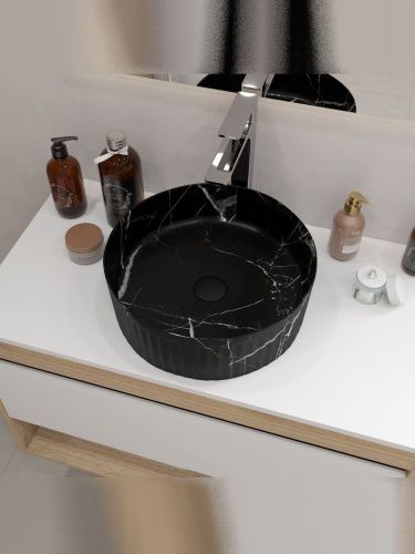 Раковина из сантехнического фарфора Teymi Martta T52183 37х37 накладная цвет черный мрамор без отверстий под смеситель - фото 5
