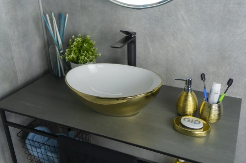 Раковина керамическая Gid Esfera 52229 40х30 накладная цвет белый/золото без отверстий под смеситель - фото 4