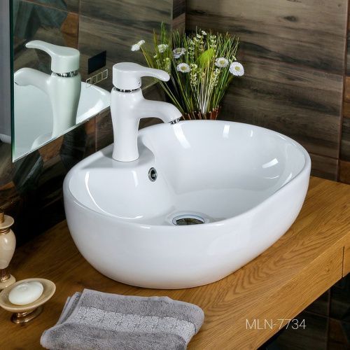 Раковина из сантехнического фарфора Melana 7734-805 60х40 накладная цвет белый 1 отверстие под смеситель - фото 4