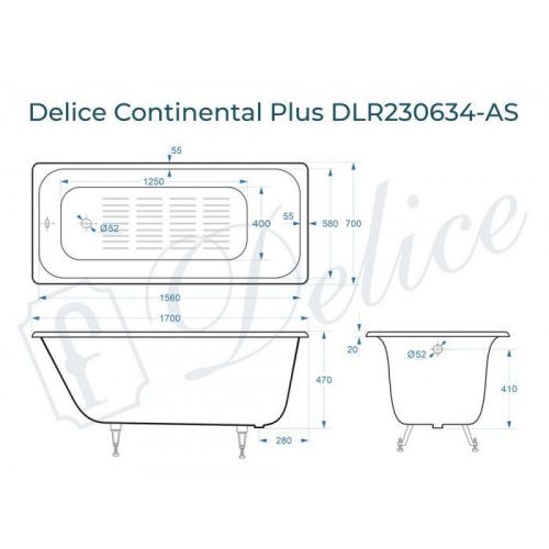 Ванна чугунная Delice Continental PLUS DLR230634-AS 170х70 пристенная прямоугольная без ножек с антискользящим покрытием - фото 2