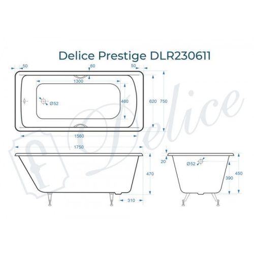 Ванна чугунная Delice Prestige DLR230611 175х75 пристенная прямоугольная без ножек - фото 2