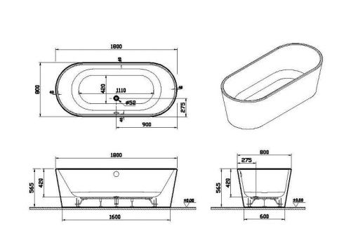 Ванна акриловая Vitra Geo 65380006000 180х80 отдельностоящая овальная с ножками - фото 4